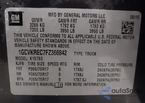 2015 Chevrolet Silverado 1500 1Lt z USA, uszkodzony, nr VIN 1GCVKREC7FZ366842